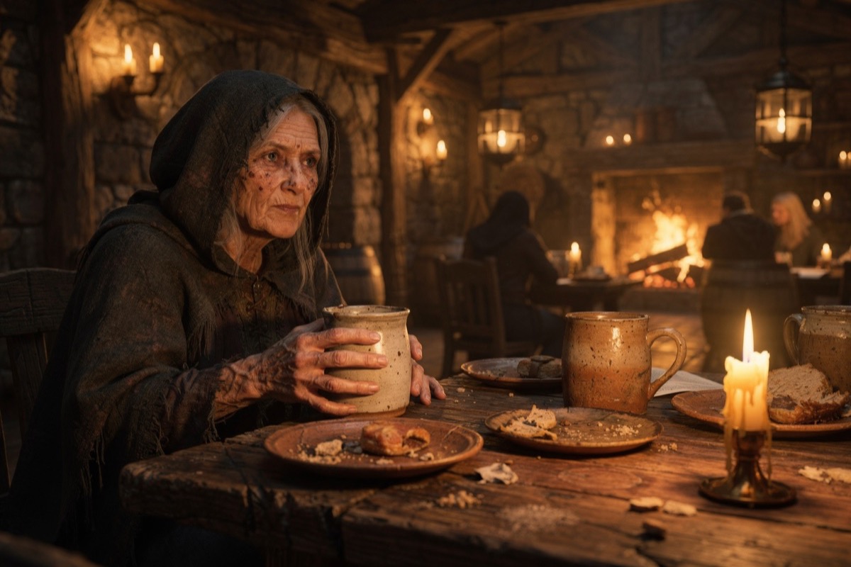 A warm candlelit medieval tavern with an old woman sitting across a wooden table